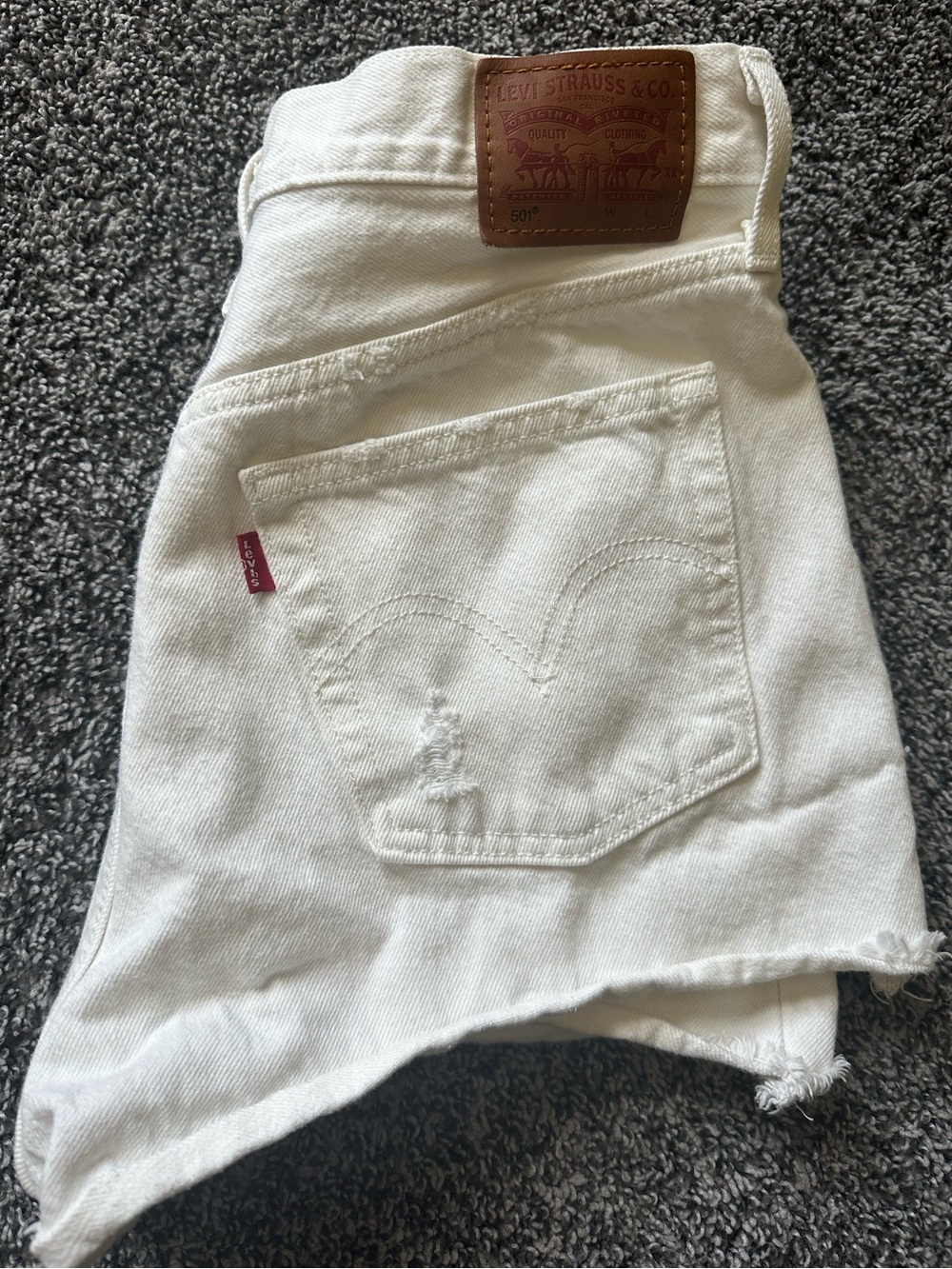 Levi's 501 White Denim Cutoff Shorts with Leather Patch Distressed Size 29